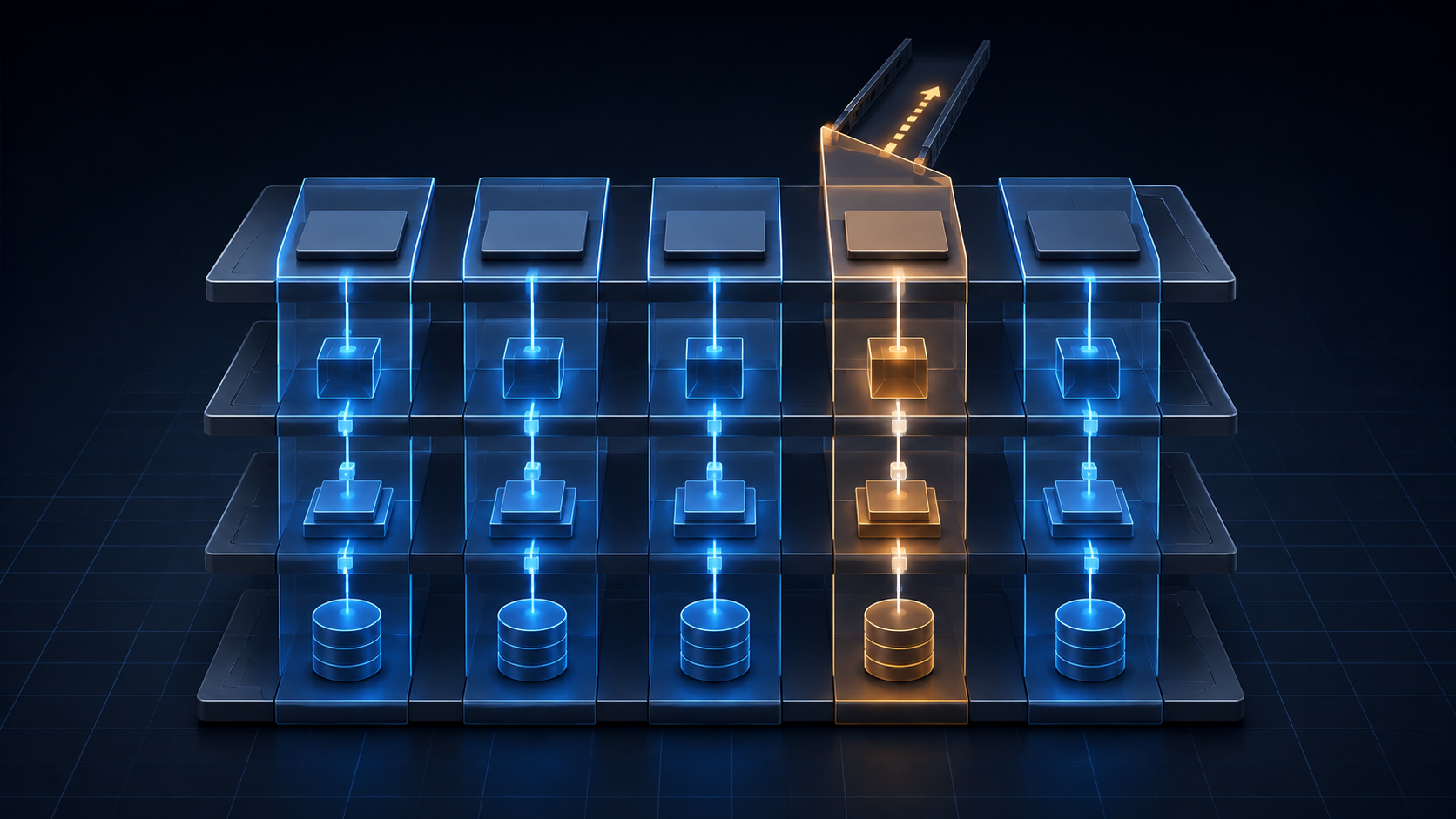 Small illuminated software changes forming a stable bridge across database, API, service, and interface layers